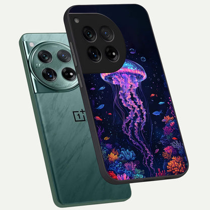  Neon Jellyfish phone case For OnePlus 12 showing premium glass back cover with detailed artwork