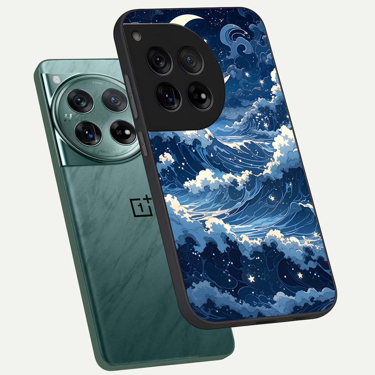  Ocean Moon Waves phone case For OnePlus 12 showing premium glass back cover with detailed artwork