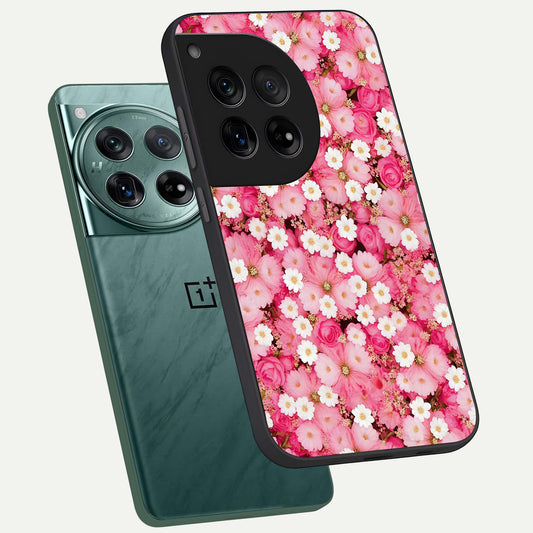  Pink Daisy Bliss phone case For OnePlus 12 showing premium glass back cover with detailed artwork