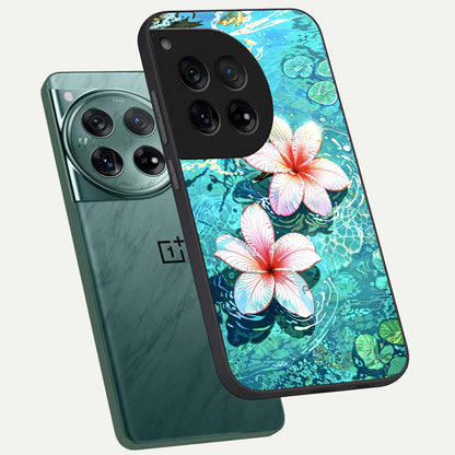  Pink Flowers in Water phone case For OnePlus 12 showing premium glass back cover with detailed artwork