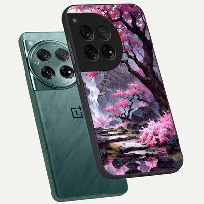  Pink Sunflower Glow phone case For OnePlus 12 showing premium glass back cover with detailed artwork