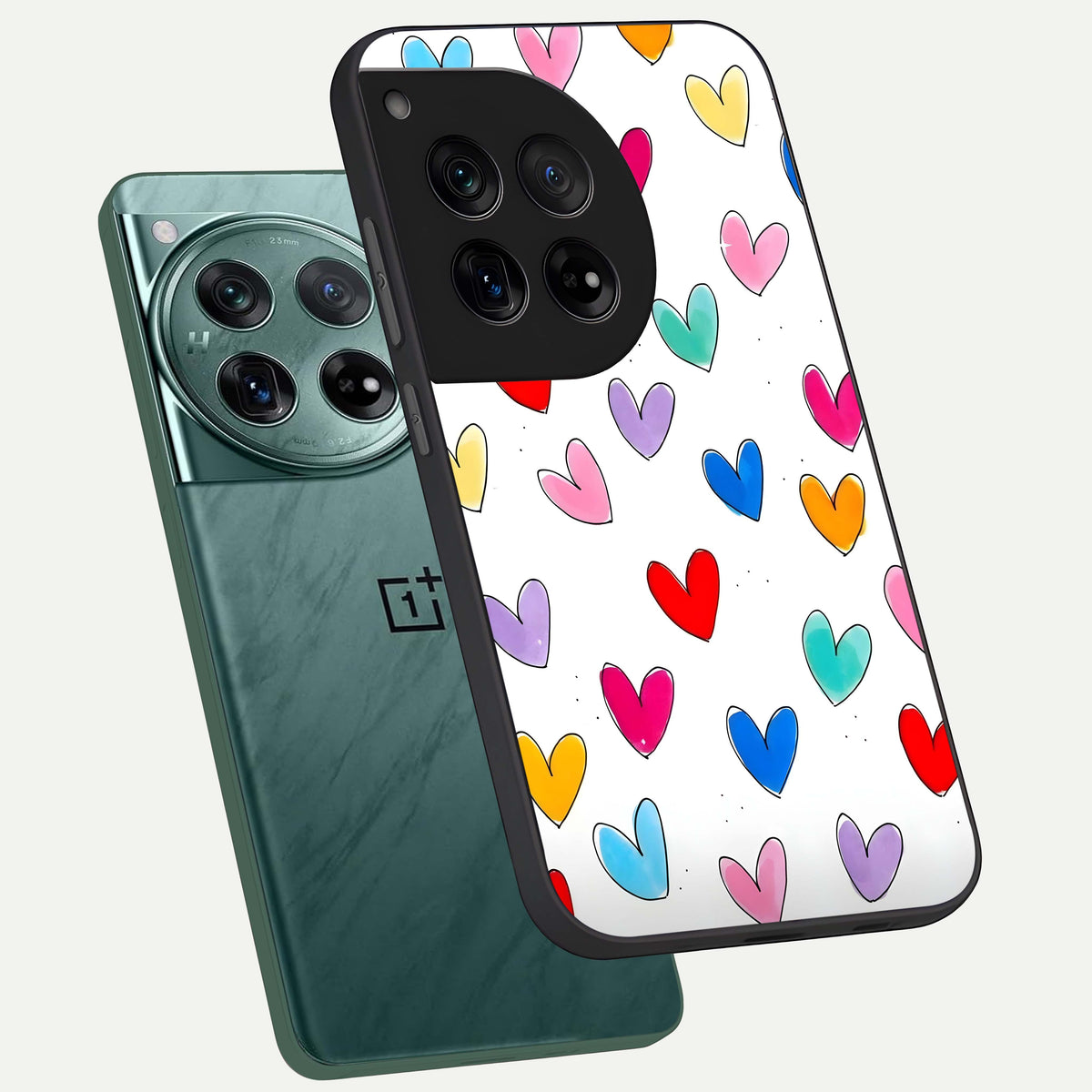  Playful Love Doodles phone case For OnePlus 12 showing premium glass back cover with detailed artwork