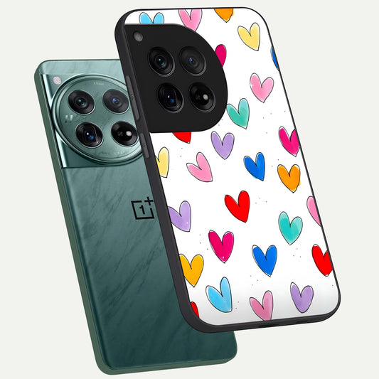 Playful Love Doodles phone case For OnePlus 12 showing premium glass back cover with detailed artwork
