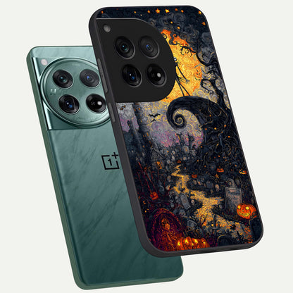  Pumpkin Moon Night phone case For OnePlus 12 showing premium glass back cover with detailed artwork