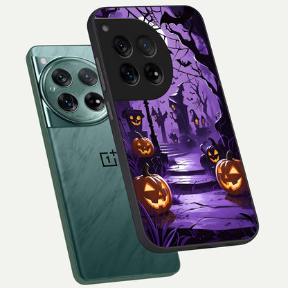  Pumpkin Patch Halloween phone case For OnePlus 12 showing premium glass back cover with detailed artwork