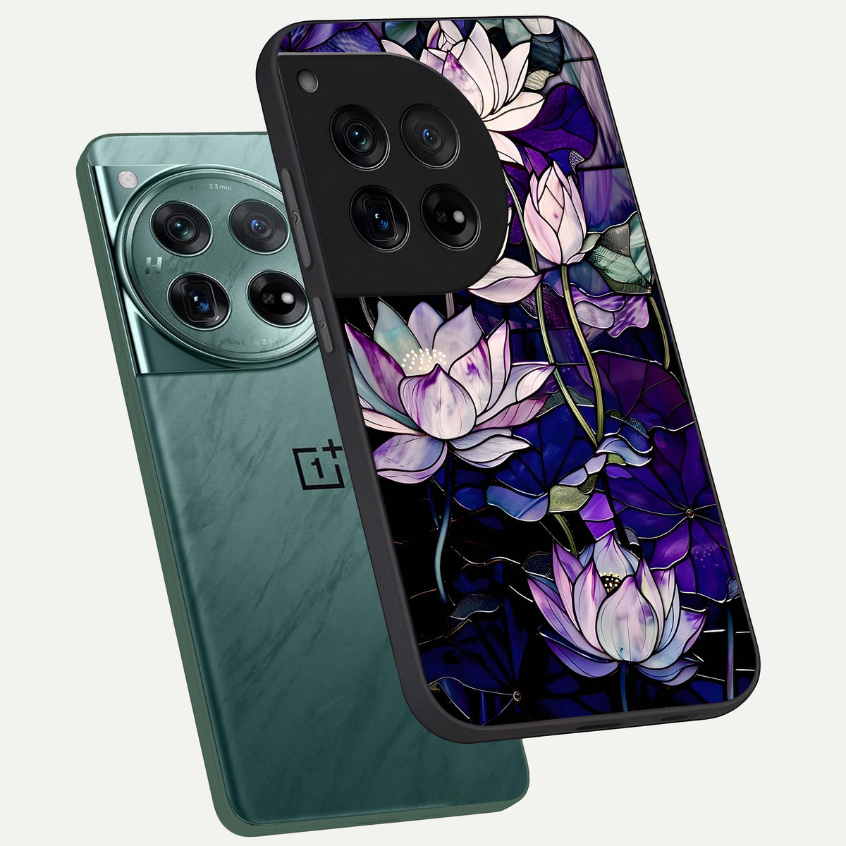  Purple Lotus Pattern phone case For OnePlus 12 showing premium glass back cover with detailed artwork