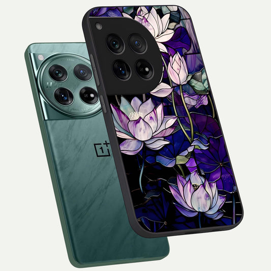  Purple Lotus Pattern phone case For OnePlus 12 showing premium glass back cover with detailed artwork