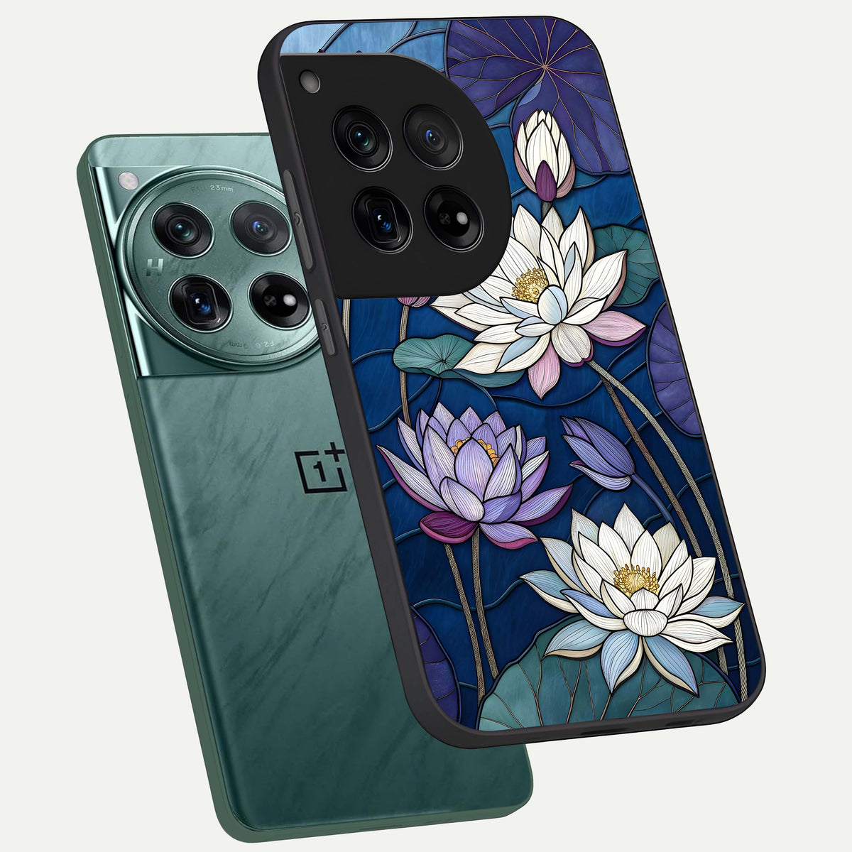  Purple Lotus Stained phone case For OnePlus 12 showing premium glass back cover with detailed artwork
