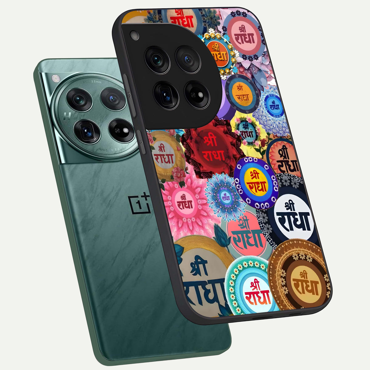  Radha Divine Bloom phone case For OnePlus 12 showing premium glass back cover with detailed artwork