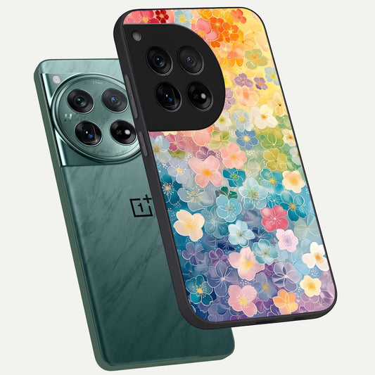  Rainbow Blossom Burst phone case For OnePlus 12 showing premium glass back cover with detailed artwork