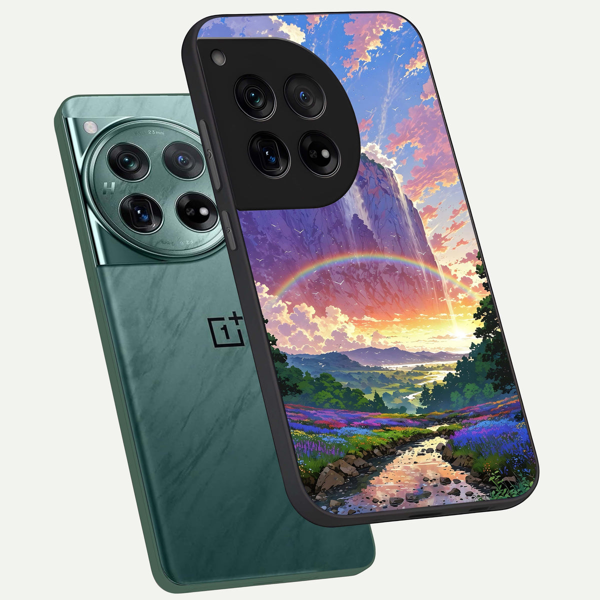  Rainbow Valley Dream phone case For OnePlus 12 showing premium glass back cover with detailed artwork