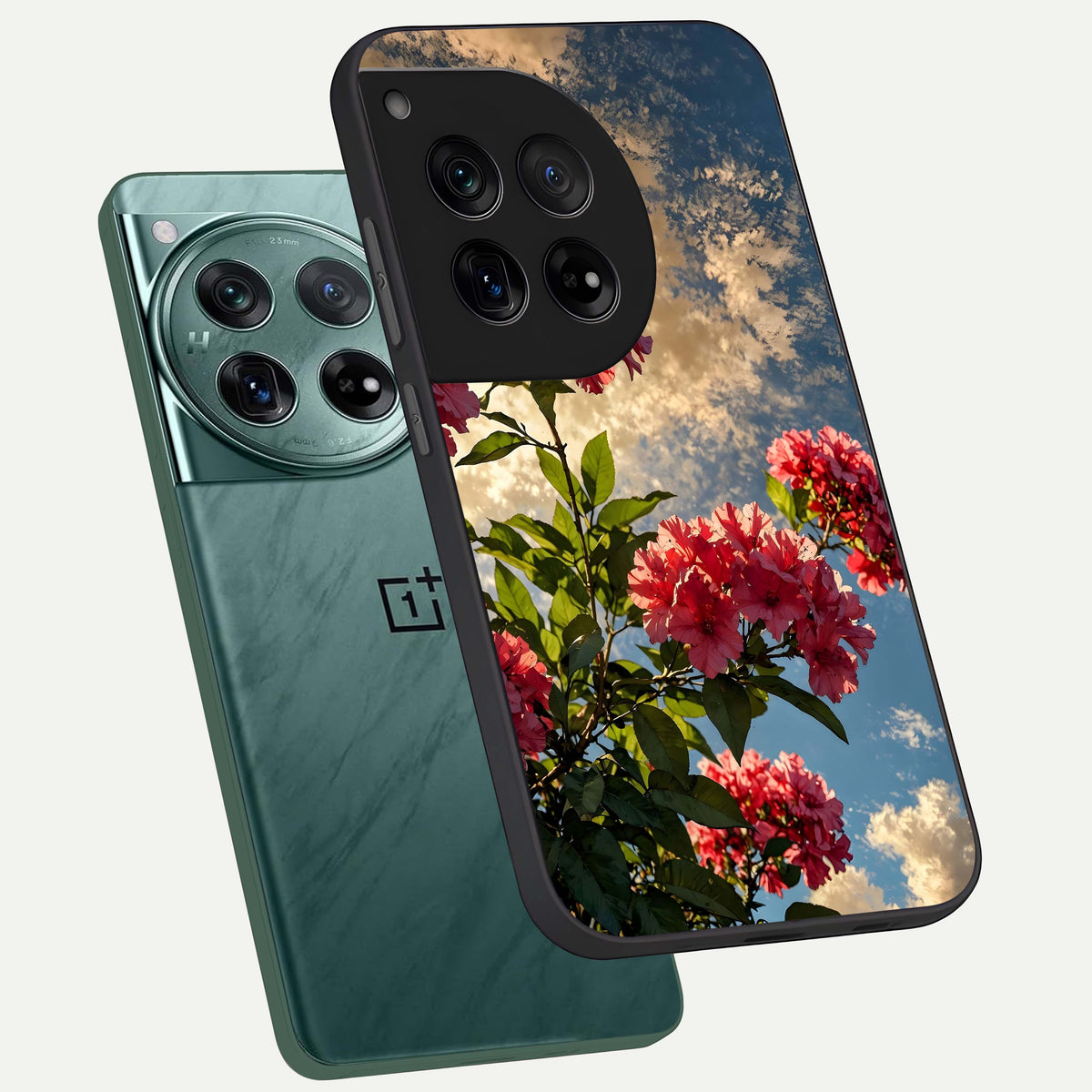  Red Bloom Skies phone case For OnePlus 12 showing premium glass back cover with detailed artwork