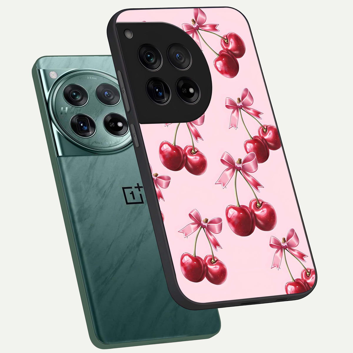  Red Cherries Pattern phone case For OnePlus 12 showing premium glass back cover with detailed artwork