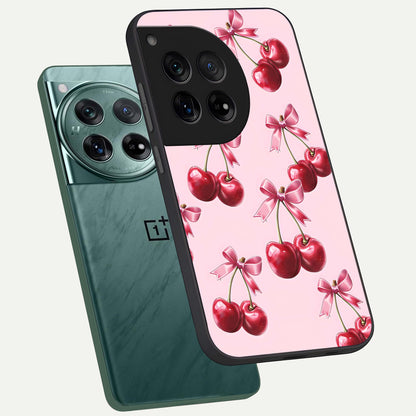  Red Cherries Pattern phone case For OnePlus 12 showing premium glass back cover with detailed artwork