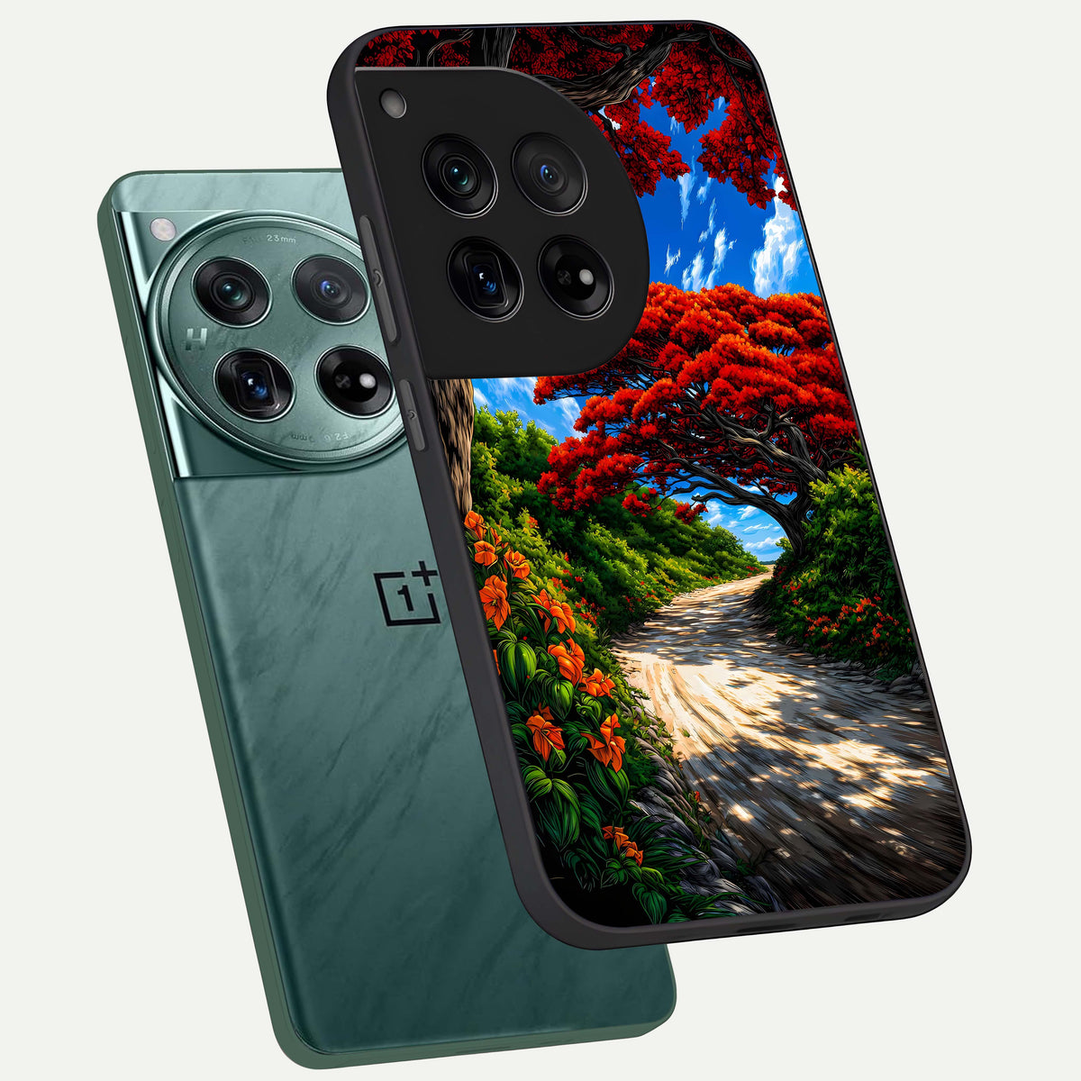  Red Trees Pathway phone case For OnePlus 12 showing premium glass back cover with detailed artwork