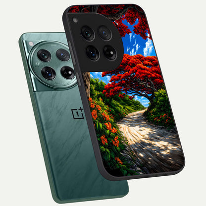  Red Trees Pathway phone case For OnePlus 12 showing premium glass back cover with detailed artwork