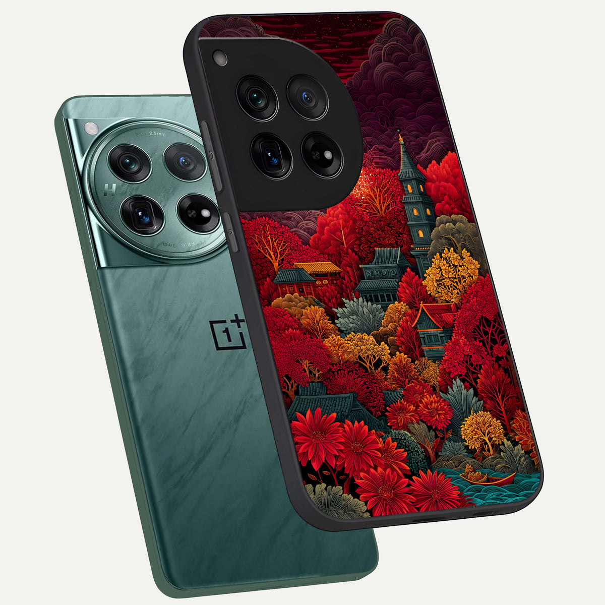 Scarlet Autumn Temple phone case For OnePlus 12 showing premium glass back cover with detailed artwork