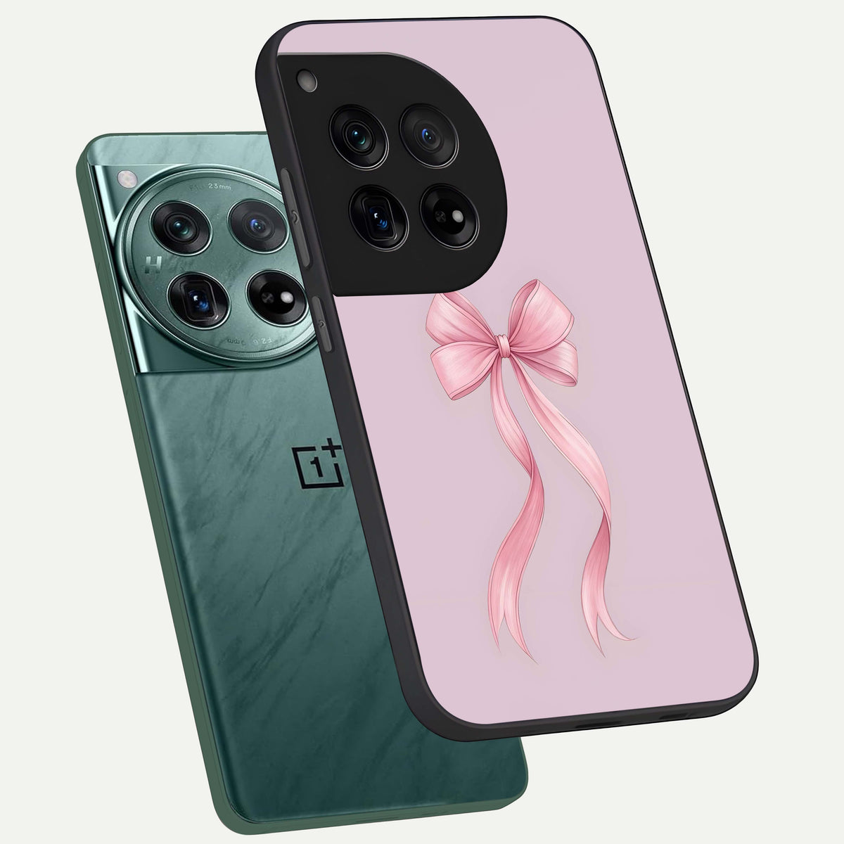  Soft Blush Bow phone case For OnePlus 12 showing premium glass back cover with detailed artwork