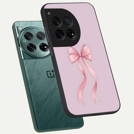  Soft Blush Bow phone case For OnePlus 12 showing premium glass back cover with detailed artwork