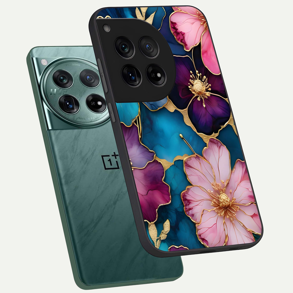  Sparkle Floral phone case For OnePlus 12 showing premium glass back cover with detailed artwork