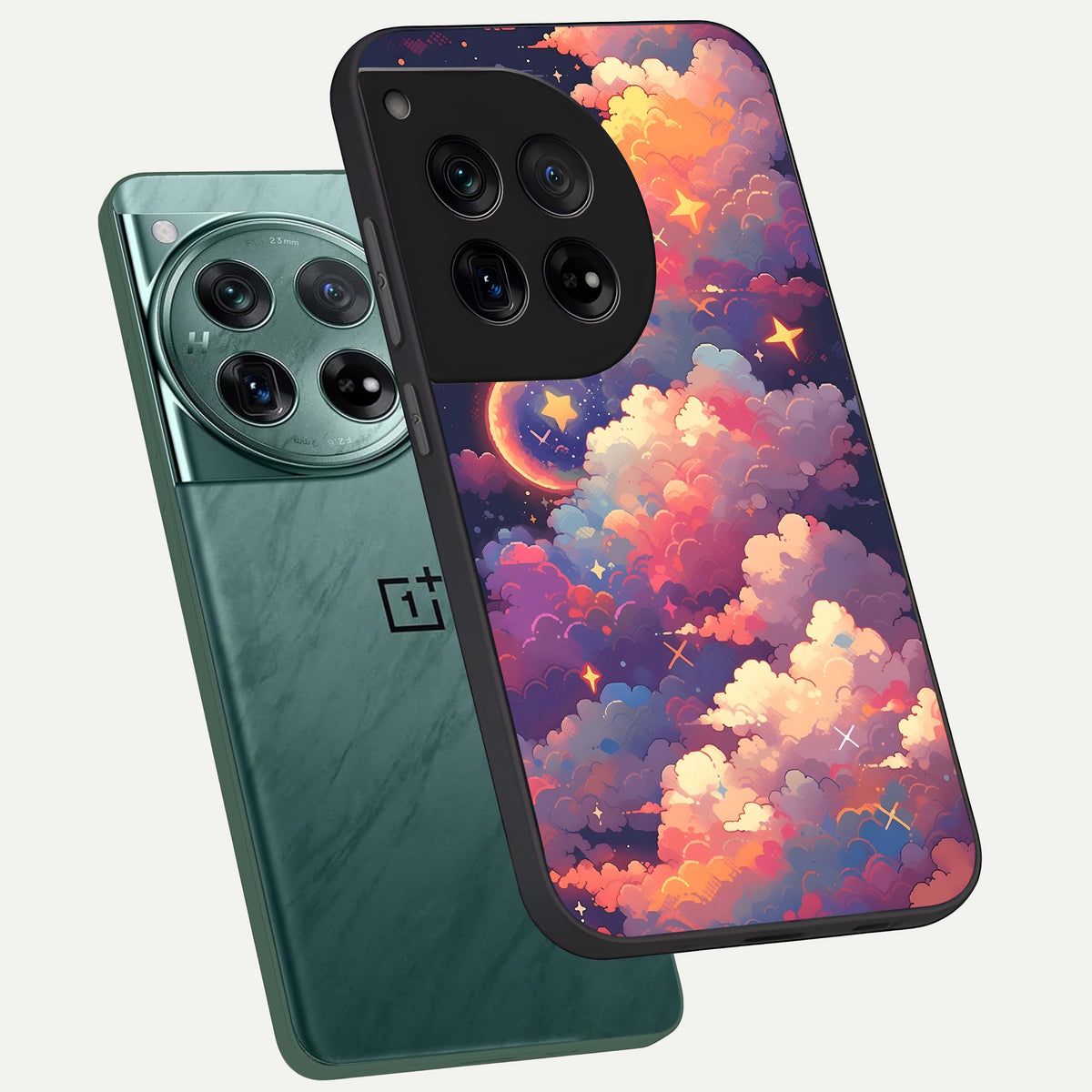  Starlit Dream Clouds phone case For OnePlus 12 showing premium glass back cover with detailed artwork