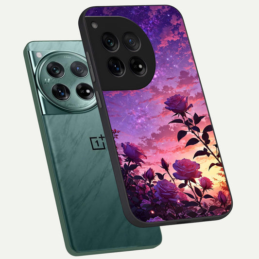  Starlit Rose Twilight phone case For OnePlus 12 showing premium glass back cover with detailed artwork