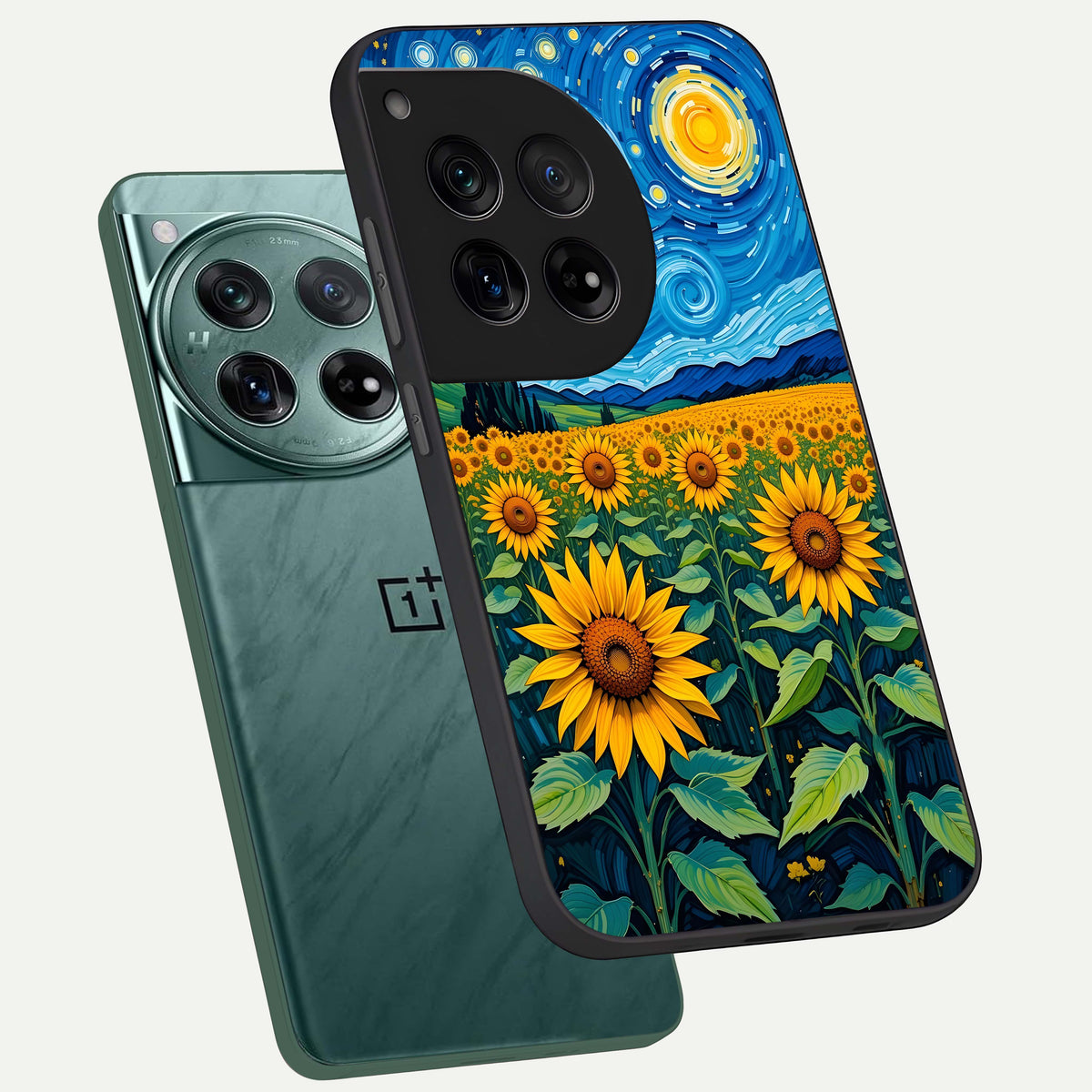  Starry Sunflower Dreams phone case For OnePlus 12 showing premium glass back cover with detailed artwork