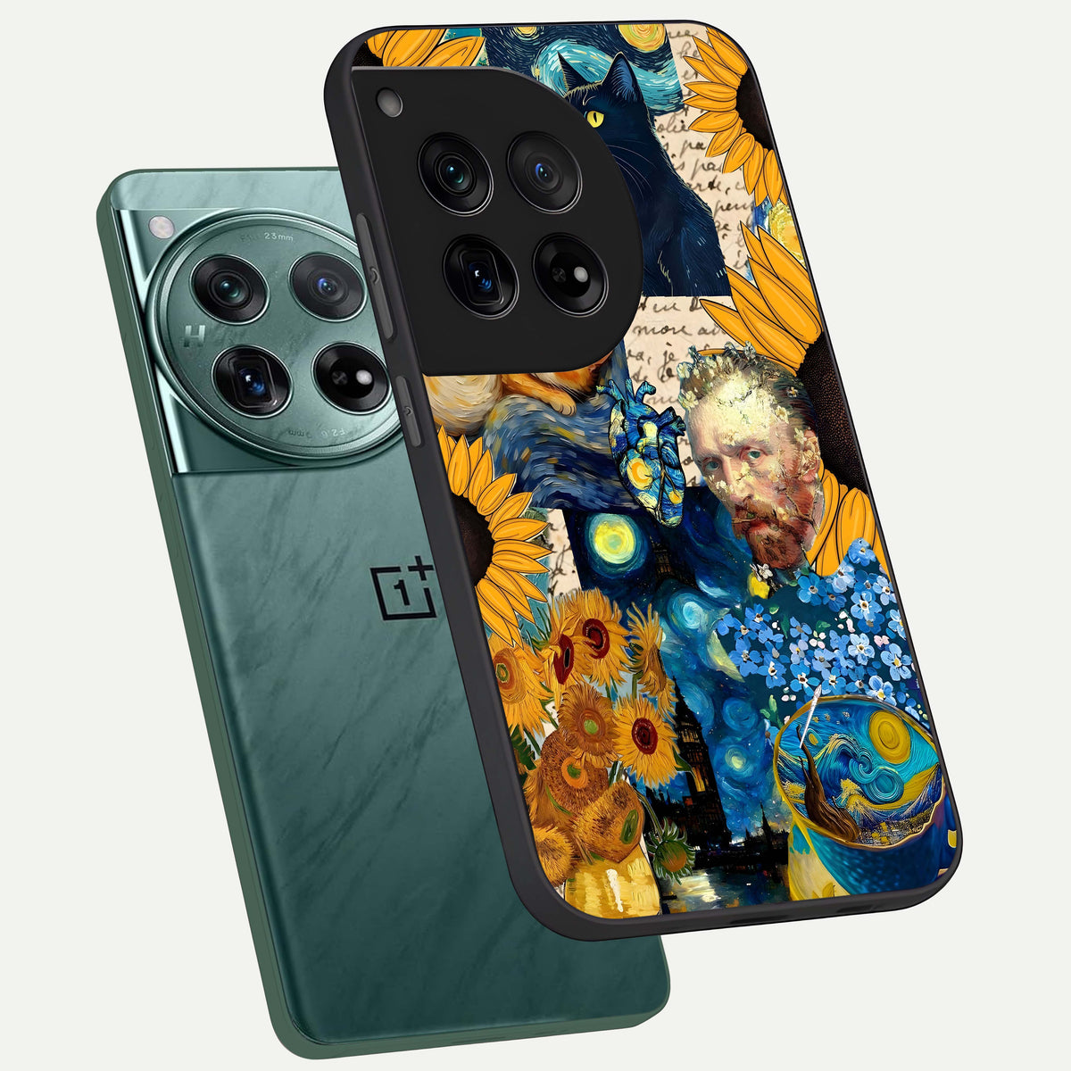  Sunflower Chic Mood Custom Name phone case For OnePlus 12 showing premium glass back cover with detailed artwork