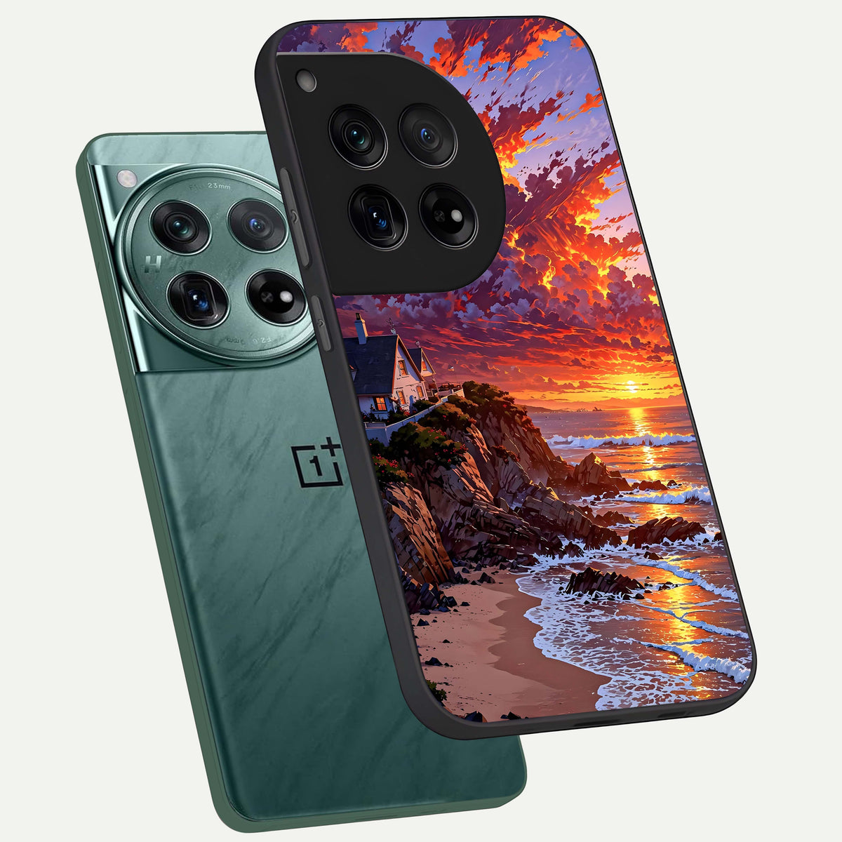  Sunset House By Sea phone case For OnePlus 12 showing premium glass back cover with detailed artwork