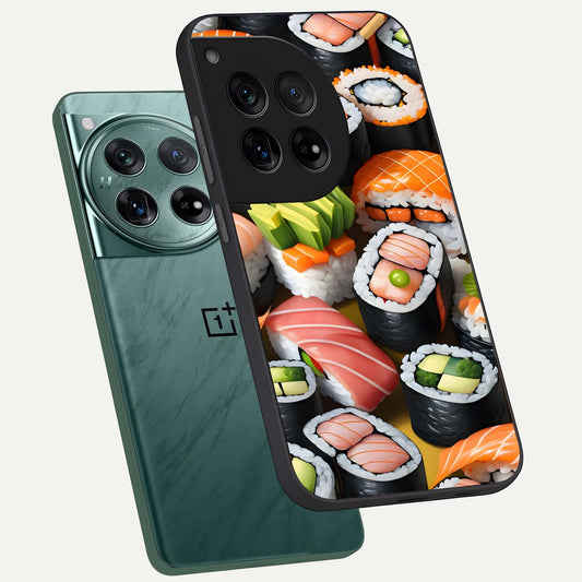  Sushi Food Pattern phone case For OnePlus 12 showing premium glass back cover with detailed artwork
