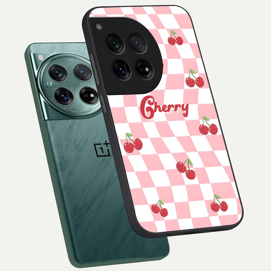  Sweet Cherry Vibes phone case For OnePlus 12 showing premium glass back cover with detailed artwork