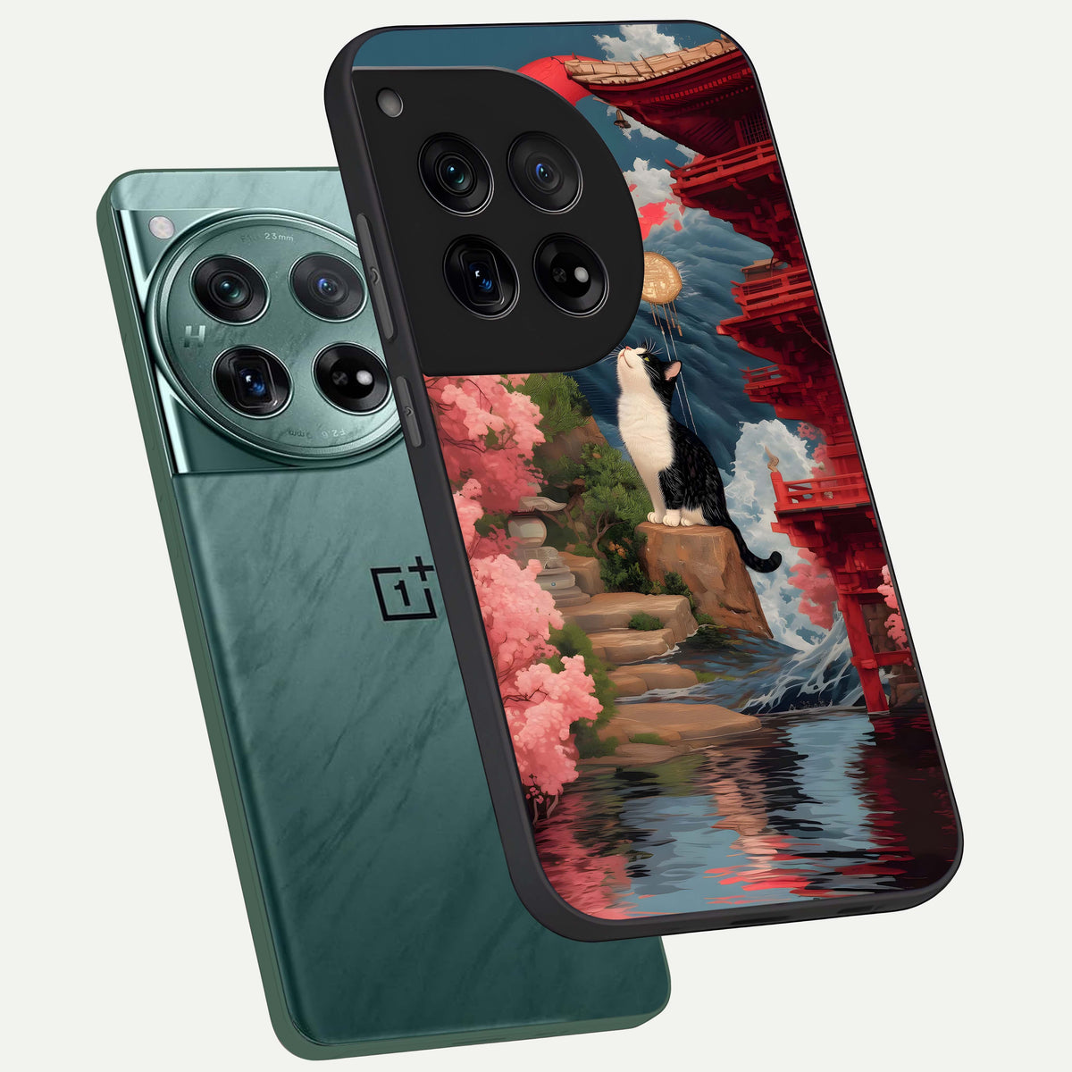  Temple Cat Scenery phone case For OnePlus 12 showing premium glass back cover with detailed artwork