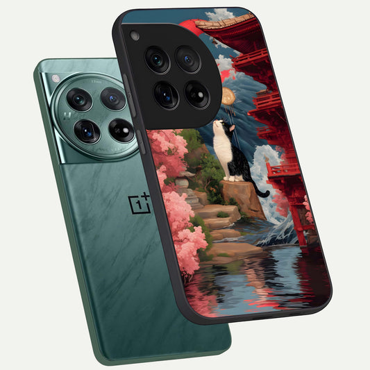  Temple Cat Scenery phone case For OnePlus 12 showing premium glass back cover with detailed artwork