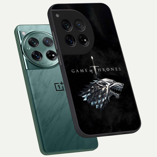  Throne Wolf Legacy phone case For OnePlus 12 showing premium glass back cover with detailed artwork