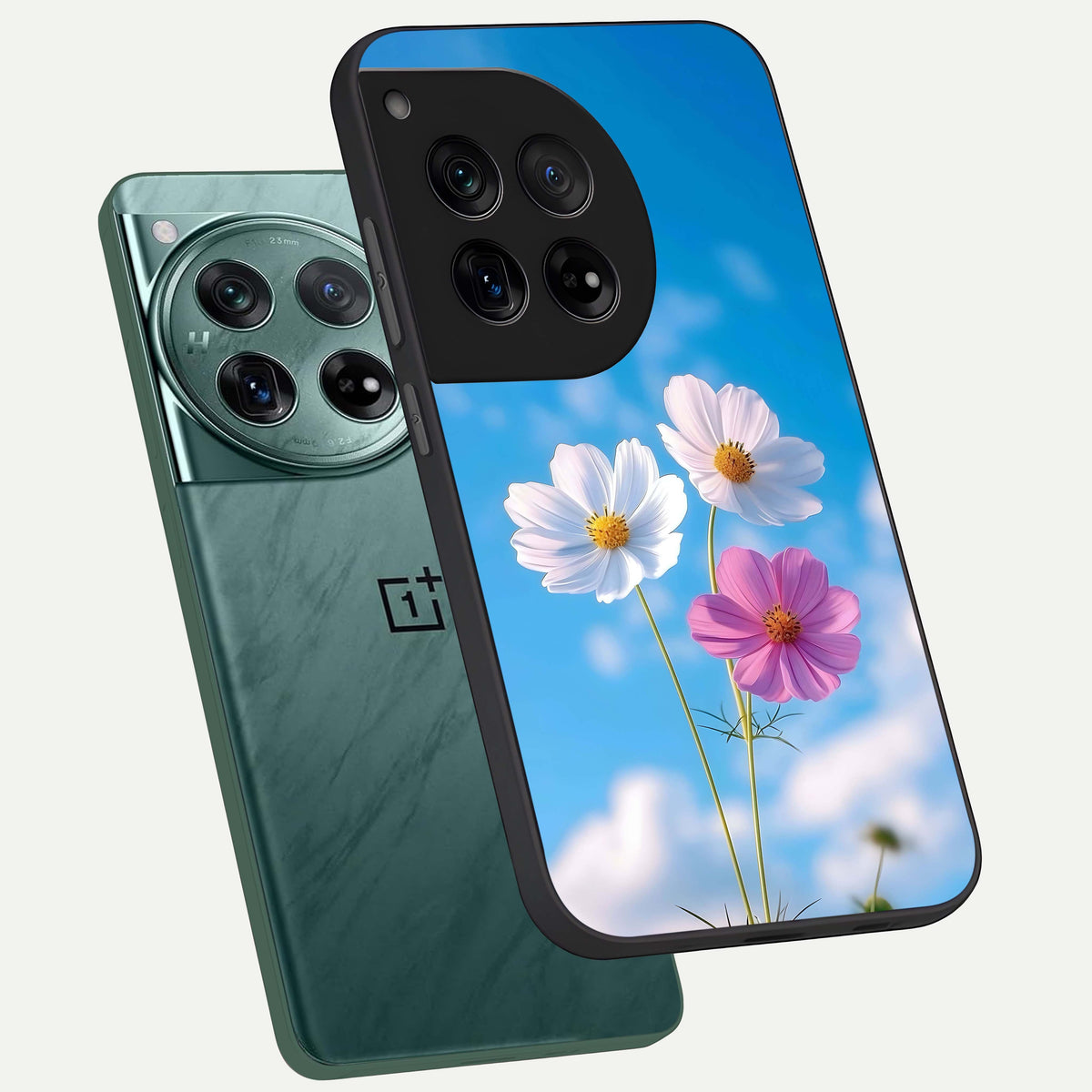  Tripple Flowers With Sky phone case For OnePlus 12 showing premium glass back cover with detailed artwork