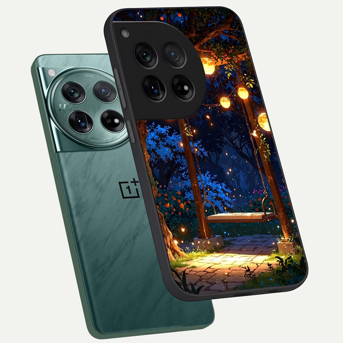  Twilight Garden Swing phone case For OnePlus 12 showing premium glass back cover with detailed artwork
