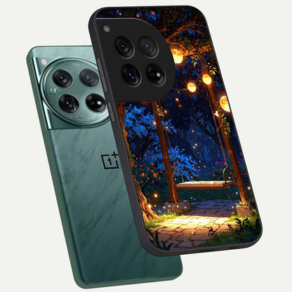  Twilight Garden Swing phone case For OnePlus 12 showing premium glass back cover with detailed artwork