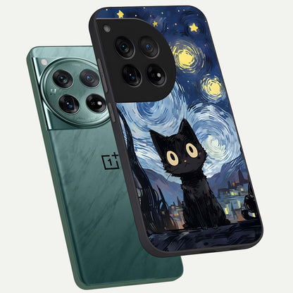  Van Gogh Cat phone case For OnePlus 12 showing premium glass back cover with detailed artwork