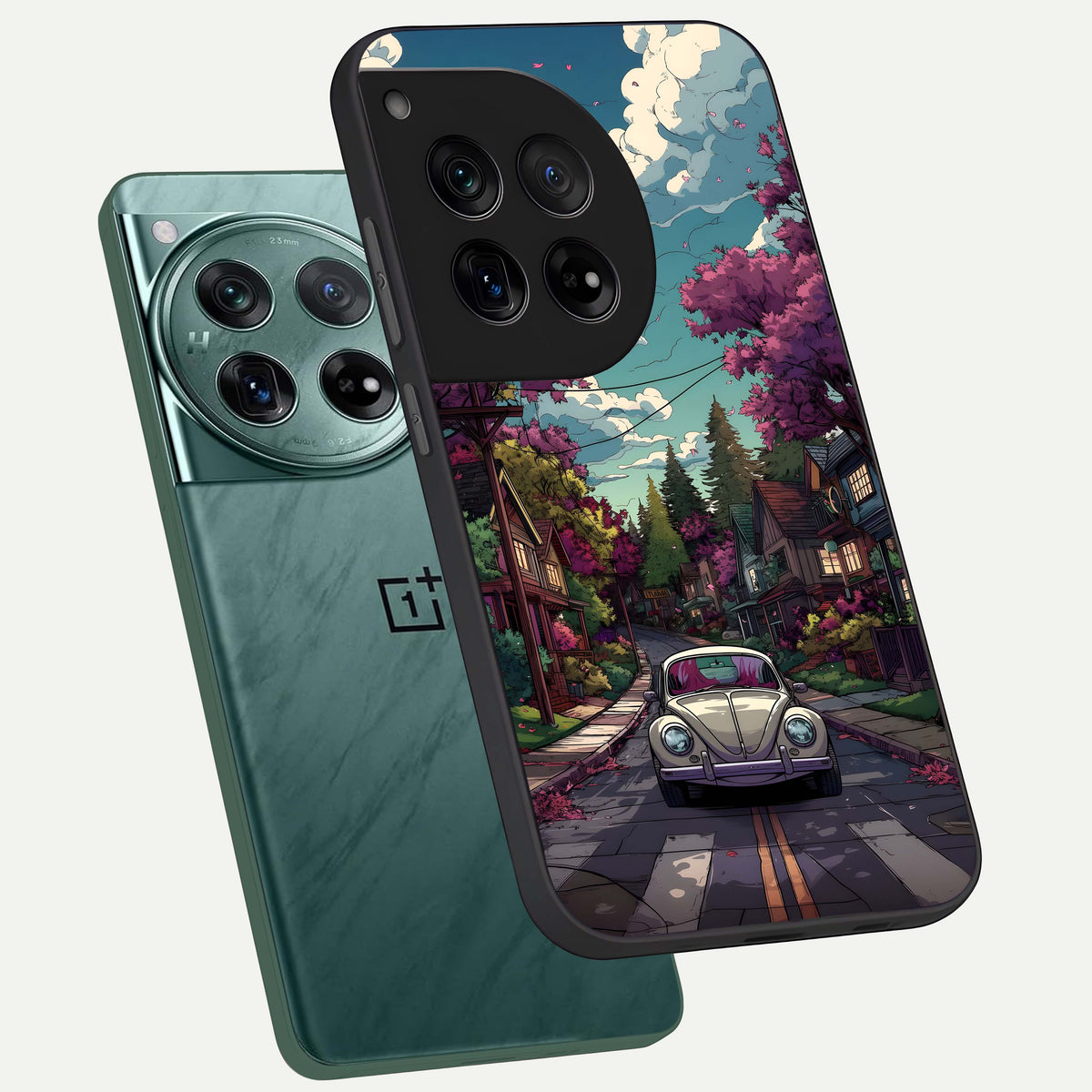  Vintage Street Drive phone case For OnePlus 12 showing premium glass back cover with detailed artwork