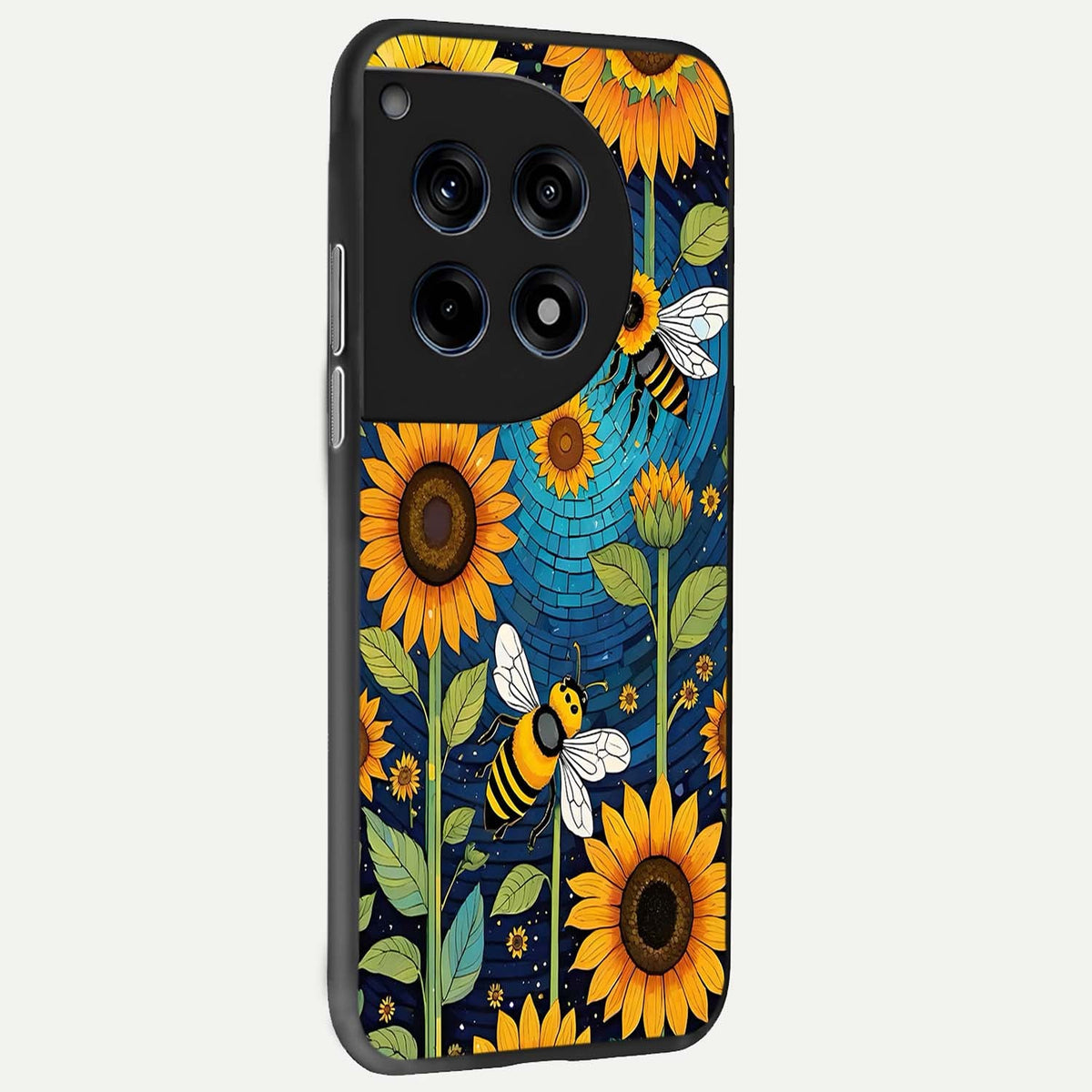  Bees And Sunflowers back cover For OnePlus 12 slim fit glass case with vibrant aesthetic design