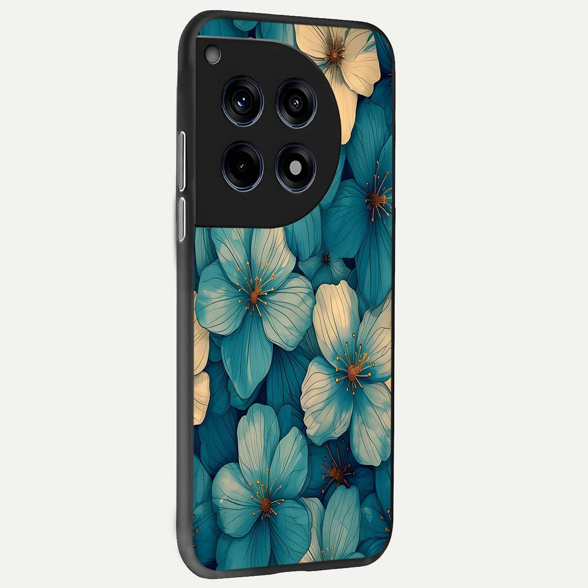  Blue Shade Floral back cover For OnePlus 12 slim fit glass case with vibrant aesthetic design