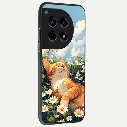  Cat And Flowers View back cover For OnePlus 12 slim fit glass case with vibrant aesthetic design