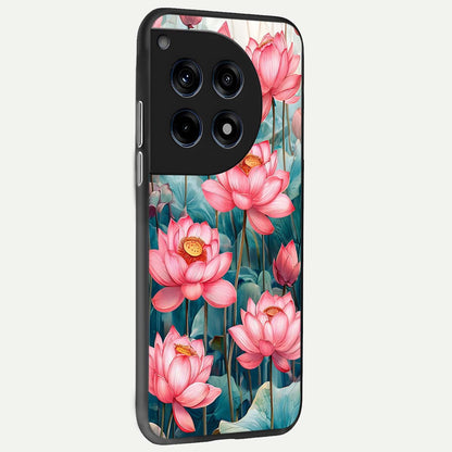  Celestial Pink Lotus back cover For OnePlus 12 slim fit glass case with vibrant aesthetic design