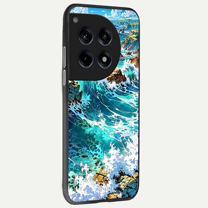  Coastal Blue Waves back cover For OnePlus 12 slim fit glass case with vibrant aesthetic design
