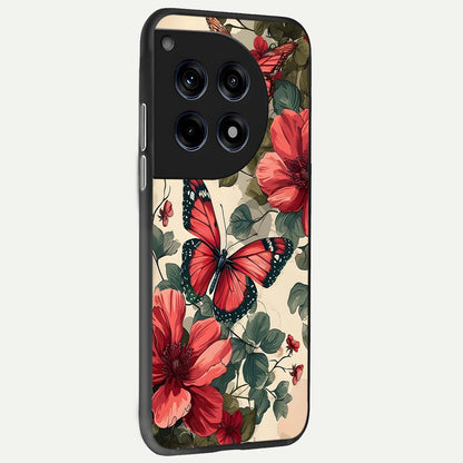  Crimson Butterfly Garden back cover For OnePlus 12 slim fit glass case with vibrant aesthetic design