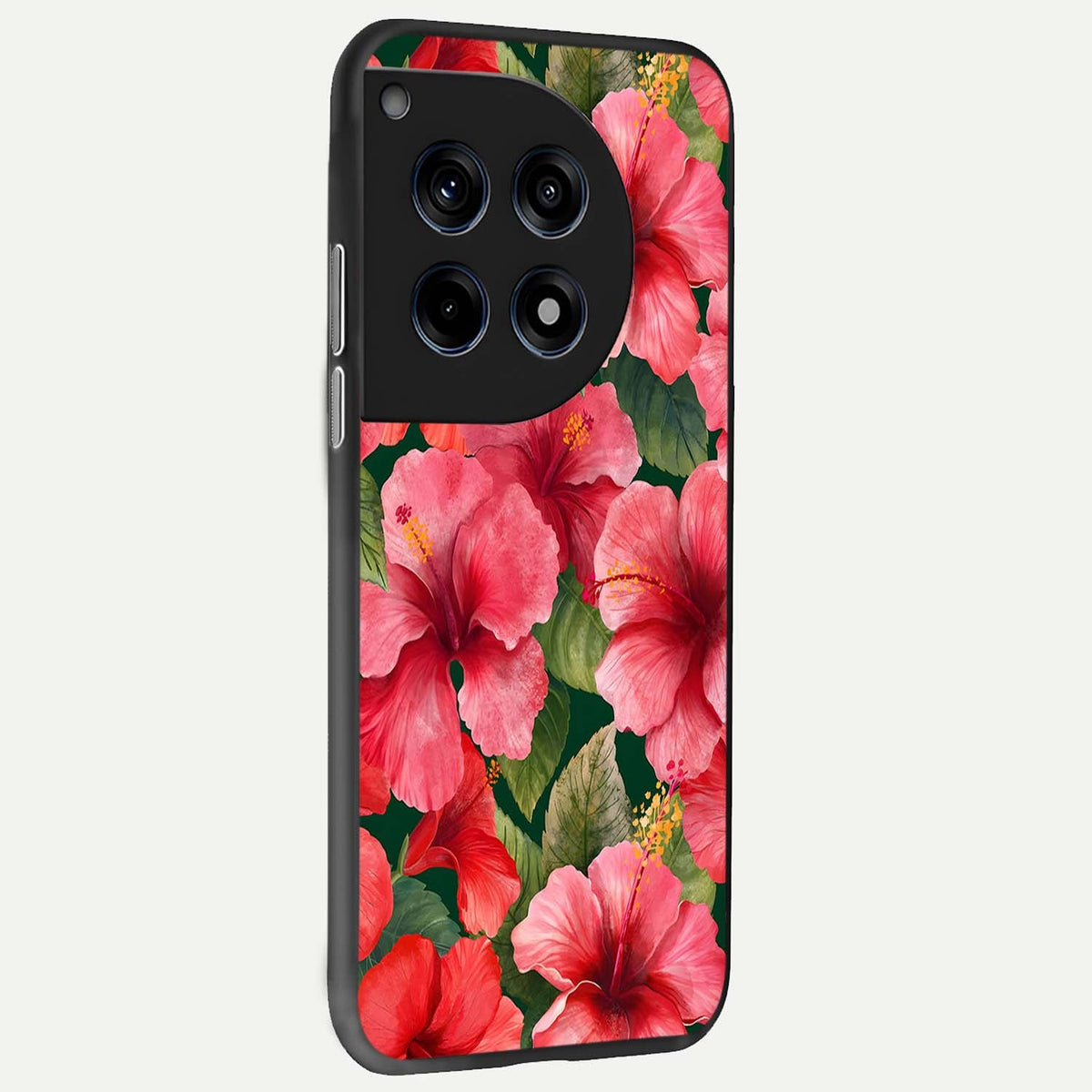  Hibiscus Pattern back cover For OnePlus 12 slim fit glass case with vibrant aesthetic design