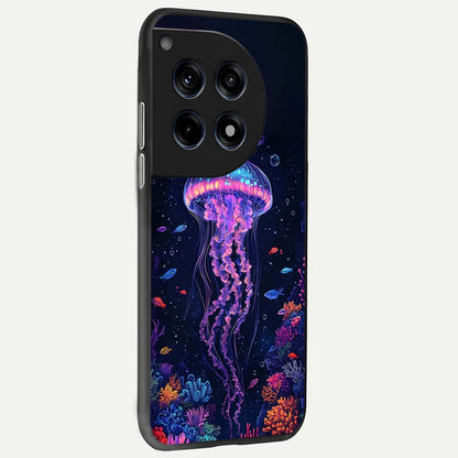  Neon Jellyfish back cover For OnePlus 12 slim fit glass case with vibrant aesthetic design