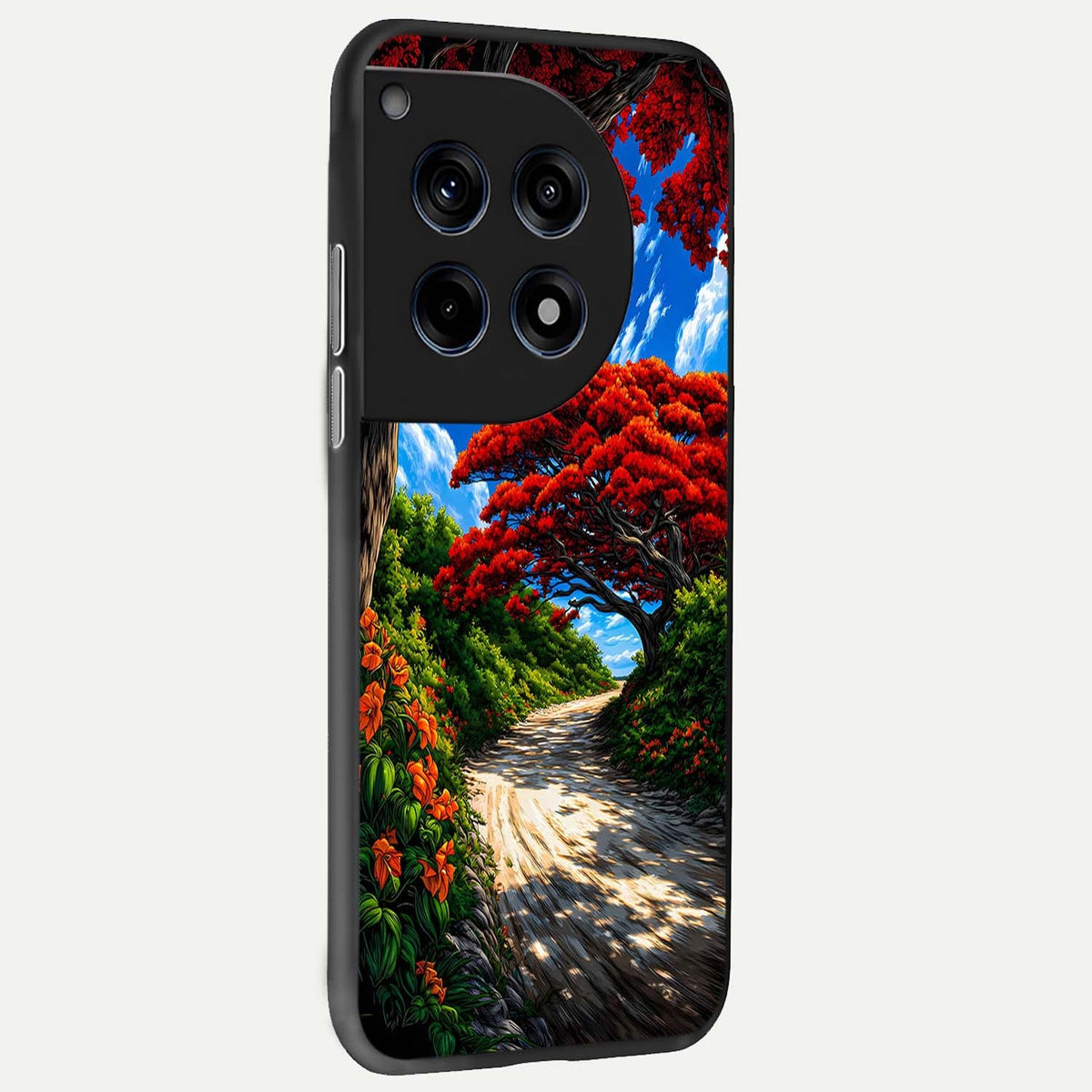  Red Trees Pathway back cover For OnePlus 12 slim fit glass case with vibrant aesthetic design