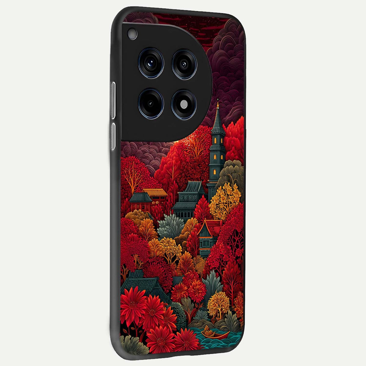  Scarlet Autumn Temple back cover For OnePlus 12 slim fit glass case with vibrant aesthetic design