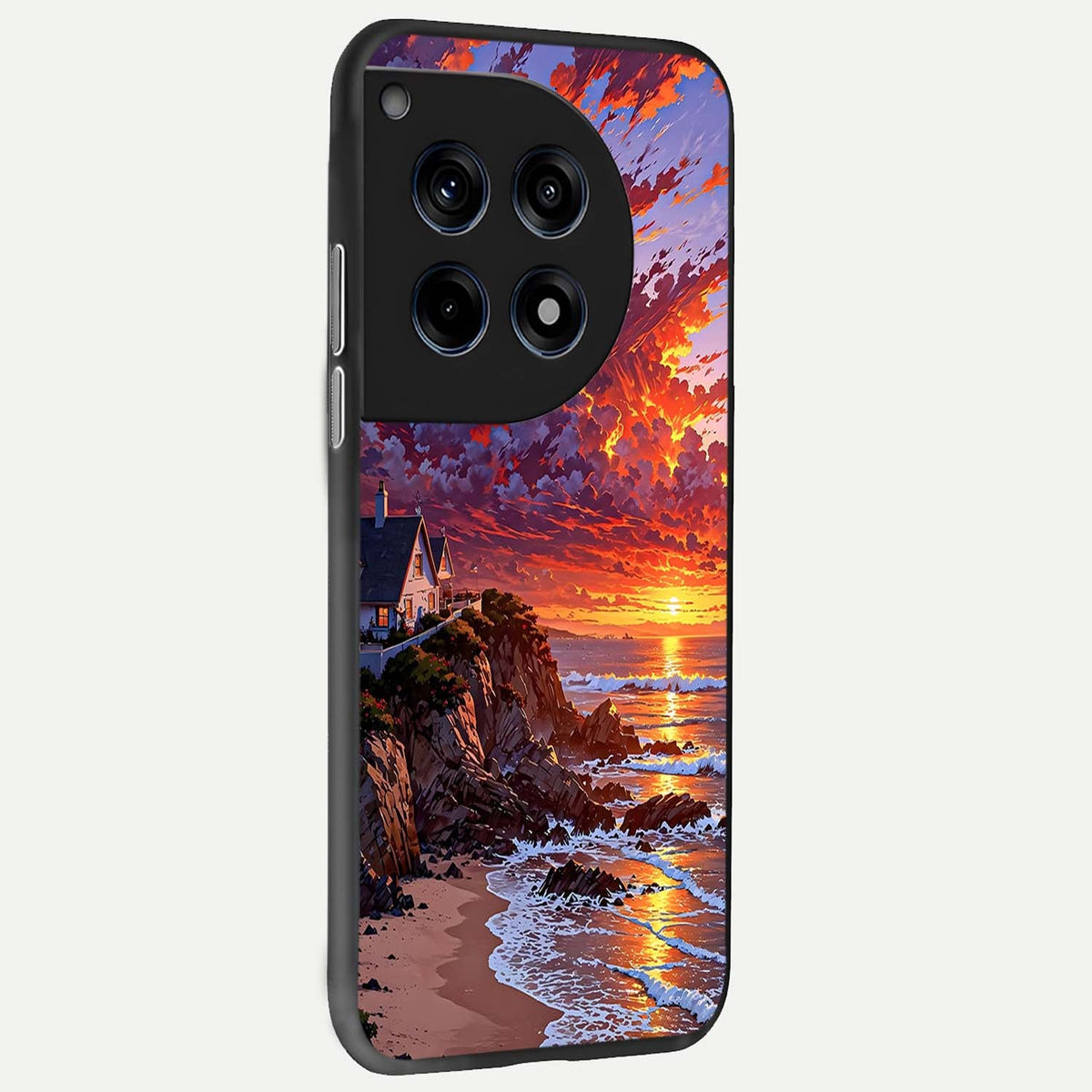  Sunset House By Sea back cover For OnePlus 12 slim fit glass case with vibrant aesthetic design